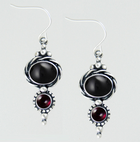 Sterling Silver Black Onyx And Garnets Gemstone Drop Dangle Earrings